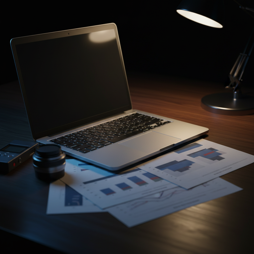 A dramatic close-up of a brushed metal laptop partially open on a dark wooden desk, its screen casting a cold, bluish glow onto a scattered arrangement of printed charts, a digital voice recorder, and a slim camera lens. The documents show only abstract blocks and blurred lines instead of legible text. A single desk lamp with a focused, warm beam cuts across the scene from the side, creating sharp contrasts between light and shadow, hinting at late-night investigative work. Captured from a slightly elevated, three-quarter angle with a shallow depth of field, the edges of the frame fall softly out of focus. The mood is tense, investigative, and uncompromisingly professional, in realistic photographic style for an in-depth investigations or “no filter” feature image.