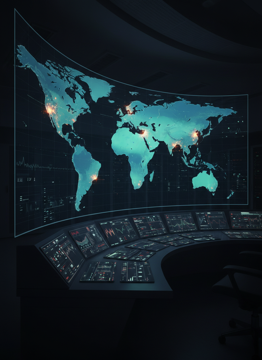 A large, curved digital world map in a dim control-room-style environment, with countries rendered as smooth, glowing surfaces in cool blues and teals, and scattered points of warm light indicating active news regions. Below the map, a sleek console filled with non-readable graphs and waveforms emits subtle glows of red, green, and white. Soft overhead lighting barely illuminates the room, leaving most surfaces in shadow and keeping attention on the luminous map. Shot from slightly behind and above the console, the composition creates depth and a sense of scale, with leading lines guiding the eye across continents. The atmosphere is global, analytical, and urgent, rendered in crisp photographic realism for an international news or world section banner.