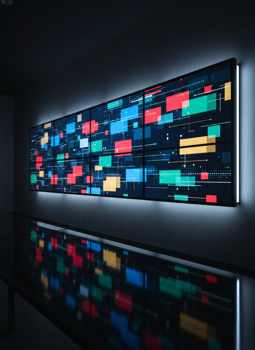 A sleek, wall-mounted digital news dashboard in a dark, minimalist newsroom, displaying abstract blocks of color and light that represent breaking stories without legible text. Multiple ultra-wide monitors stretch across the frame, with subtle reflections on a polished black desk below. Cool, focused LED strip lighting creates sharp highlights along the edges of the screens and casts faint blue-tinged shadows on the wall. Captured at eye level with a slightly wide lens, the composition follows the rule of thirds, emphasizing the central main screen. The mood is serious, high-tech, and professional, conveying unfiltered, real-time information in a photographic realism style suitable for a news homepage hero image.